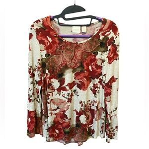 Chicos Women's Floral Long Sleeve Top - Burgundy and Cream